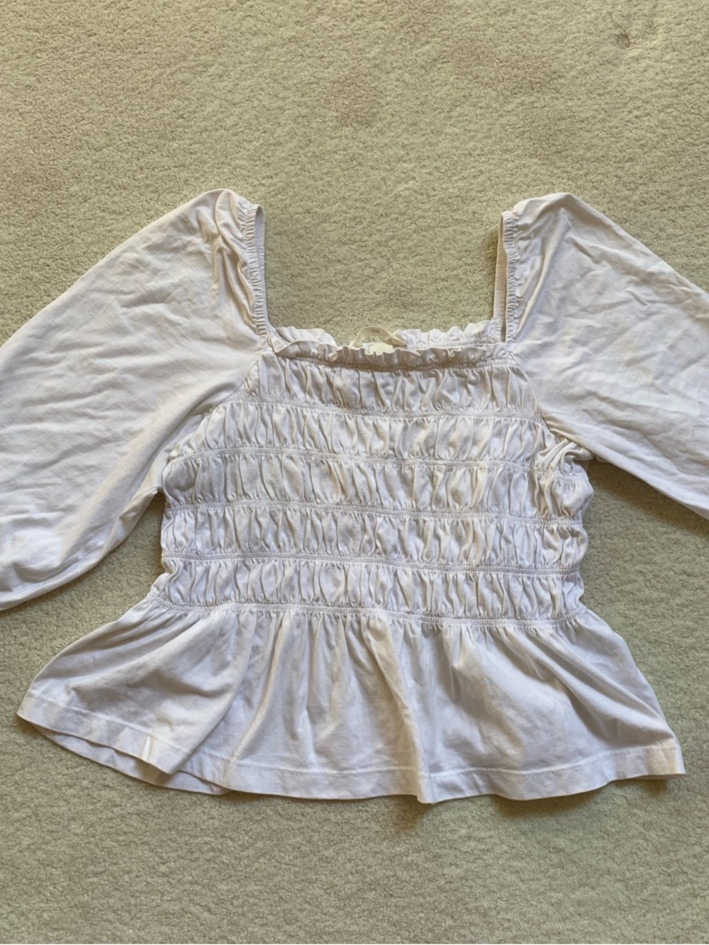 H&M White Smocked Peplum Square-Neck Top with Puff Sleeves - Coquette, Cute - L
